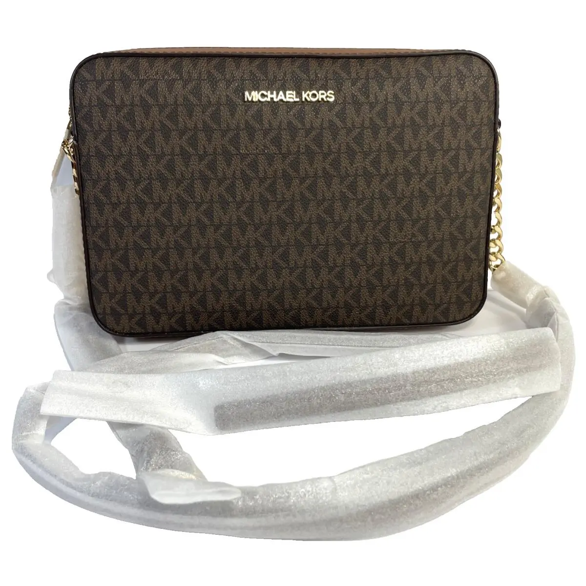Michael Kors Leather Jet Set Brown LG EW Crossbody Chain Logo Bag Purse