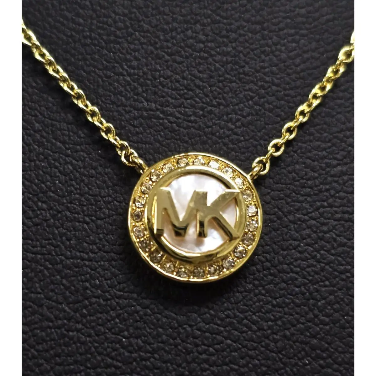 Gold Tone Crystal Pave Disk Mop Monogram Charm Pendant Necklace by Michael Kors