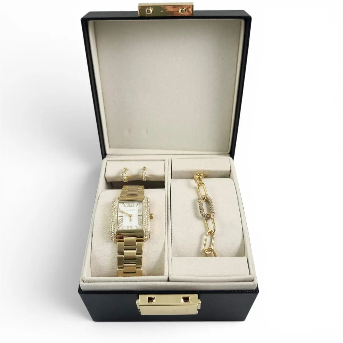Michael Kors Petite Emery Gold Pave Watch Bracelet Earring Set MK4837