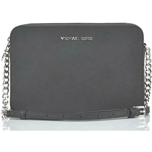 Michael Kors Women Leather Crossbody Bag Purse Messenger Handbag Black Silver MK