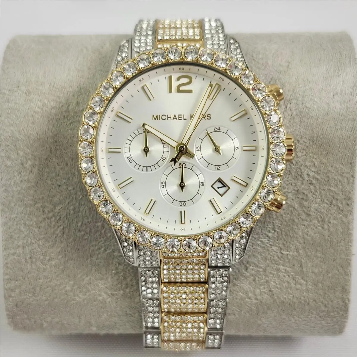 Oversized Layton Silver Gold Glitz Crystal Watch MK5732 Nwot by Michael Kors