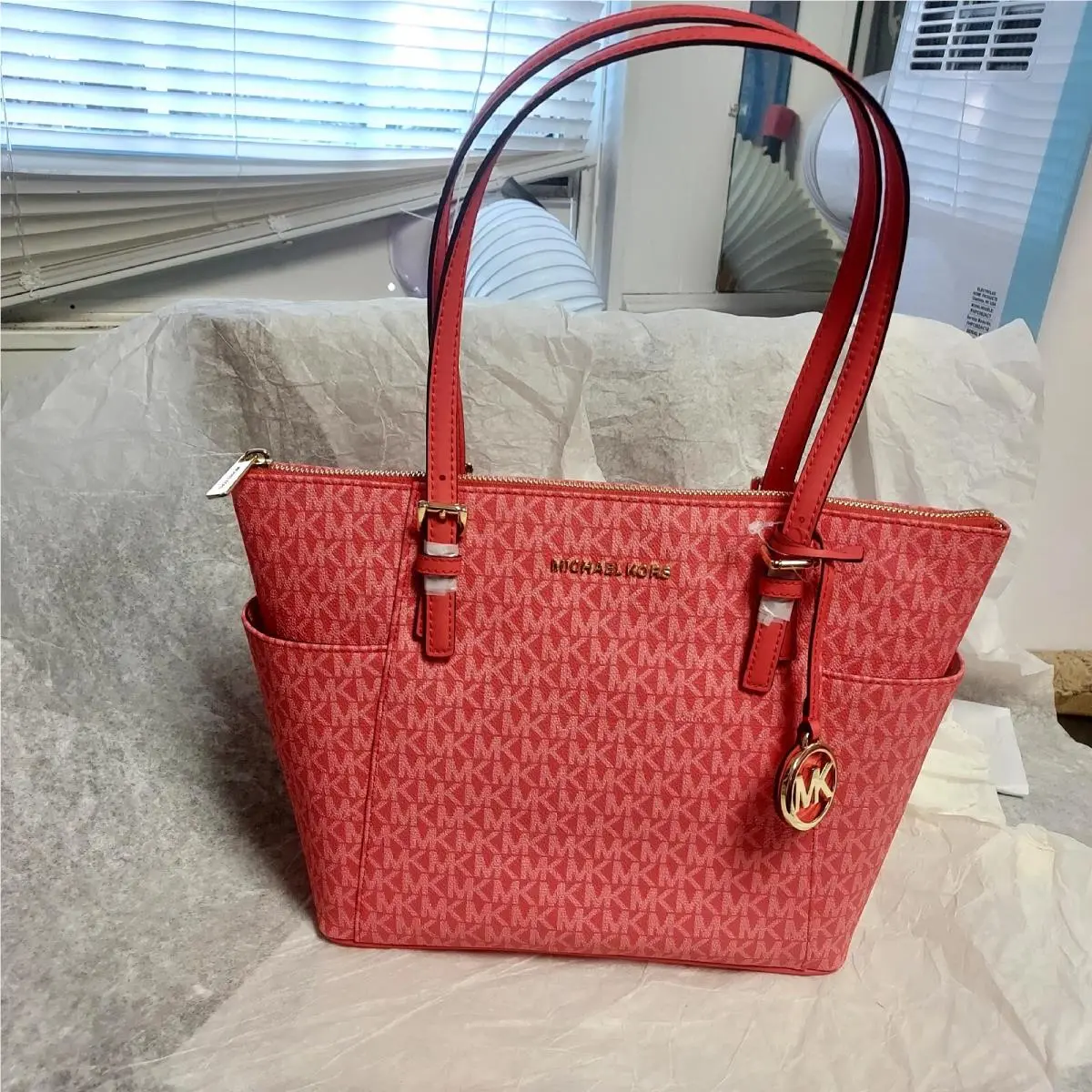 Jet Set Tote Signature Dahlia Leather Trim Shoulder Strap Bag by Michael Kors