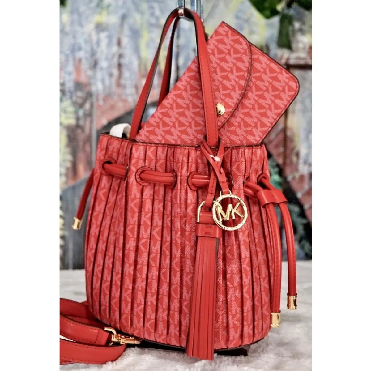Willa Pleated Logo Grab Tote Crossbody Bag Wallet Sangria by Michael Kors