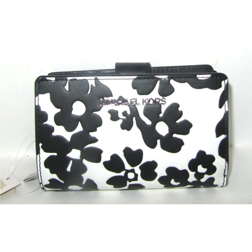 Michael Kors Jet Set Travel Medium Floral Print Bifold Wallet Black White