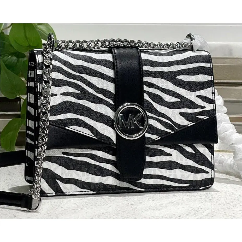 Michael Kors Greenwich Small Flap Crossbody MK Chain Bag Tote Black White Zebra