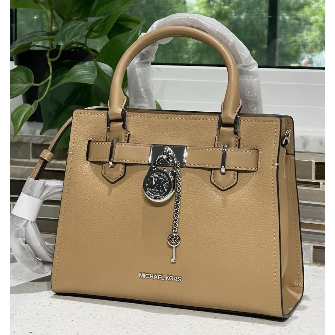 Michael Kors Hamilton Small Satchel Key Lock Crossbody Bag Peanut Taupe Leather