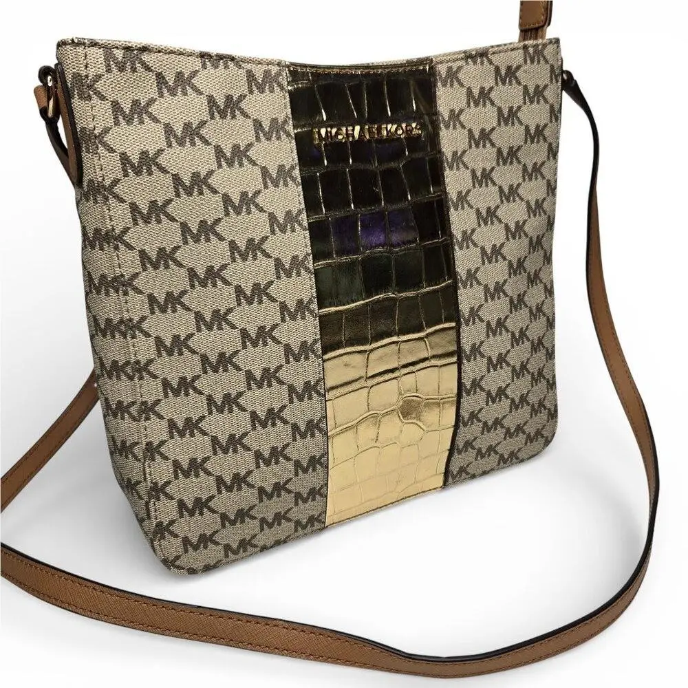 Michael Kors Center Stripe Crossbody Purse Metallic Pale Gold Croc Embossed