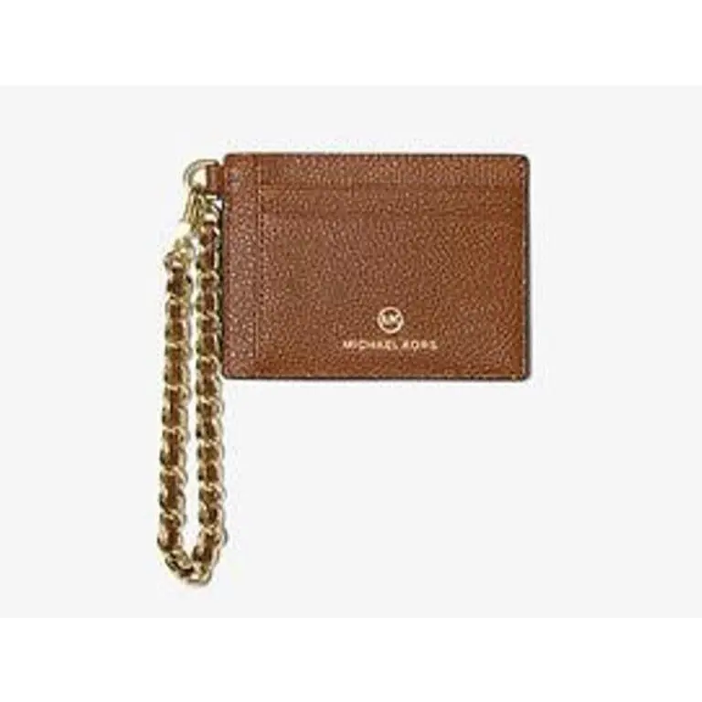 Kors Small Pebbled Leather Chain Card Case Brown Gold