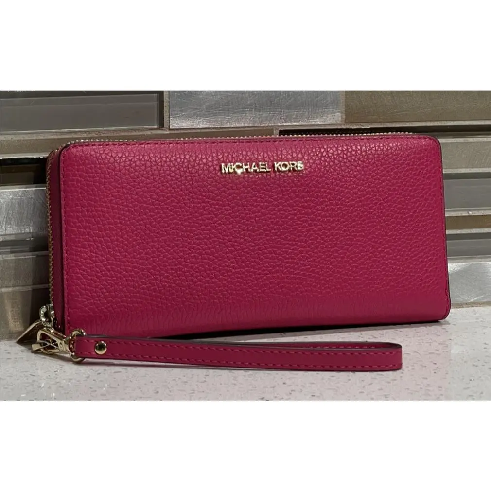 Michael Kors Jet Large Travel Continental Card Wallet Leather Electric Pink Gold