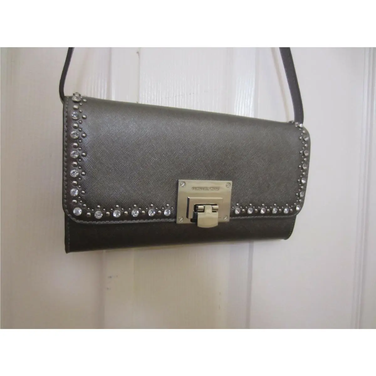 Michael Kors Tina Leather Clutch Shoulder Bag Dark Silver