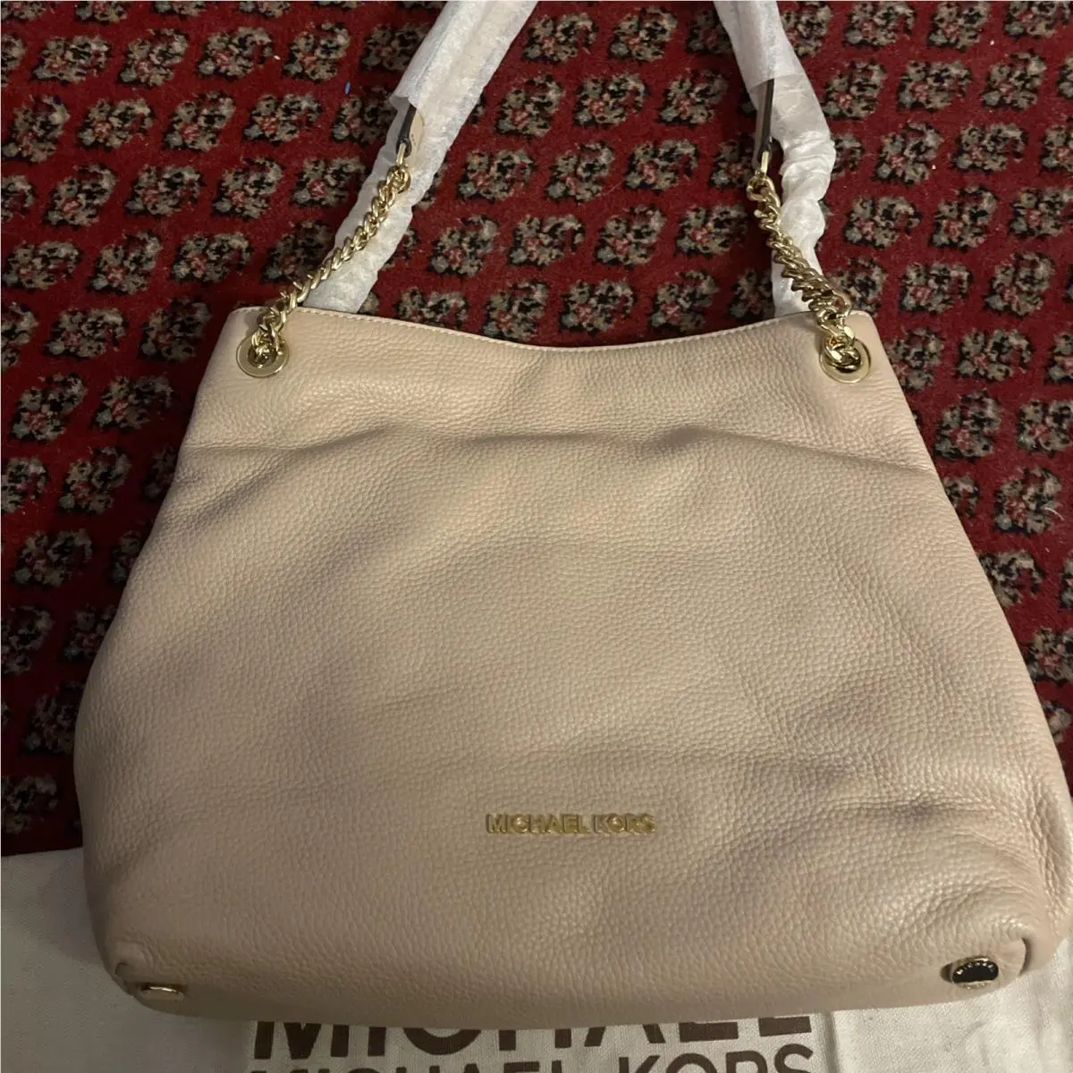 Beige Large Leather Raven Tote Bag by Michael Kors
