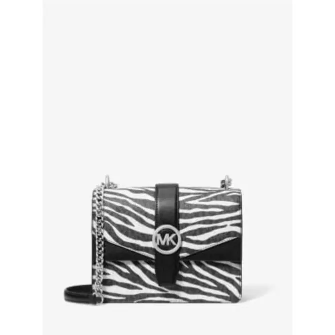 Michael Kors Greenwich Small Print Logo Crossbody Tote Chain Bag Black/white - Black, Green, White