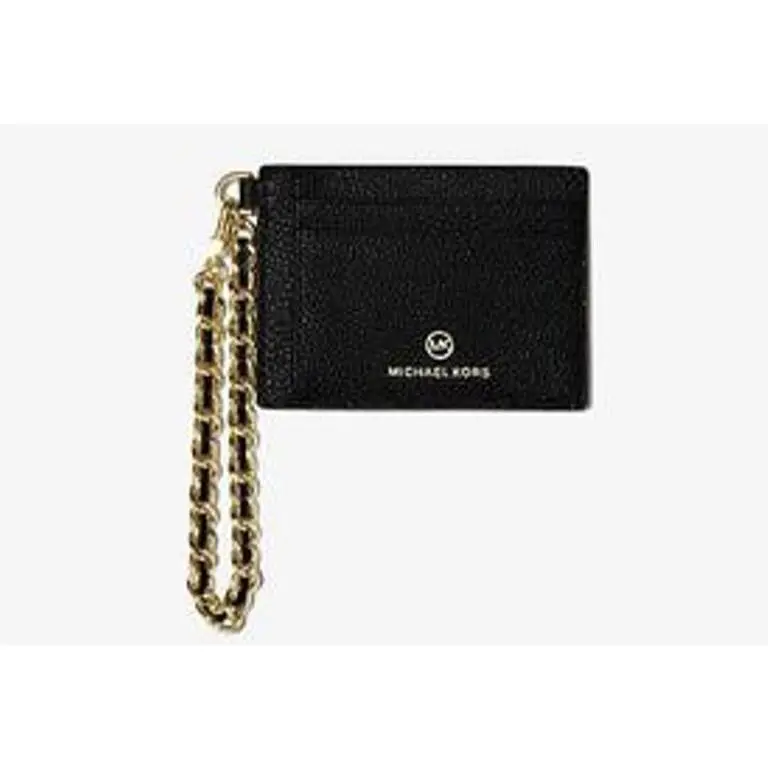 Kors Small Pebbled Leather Chain Card Case Black Gold