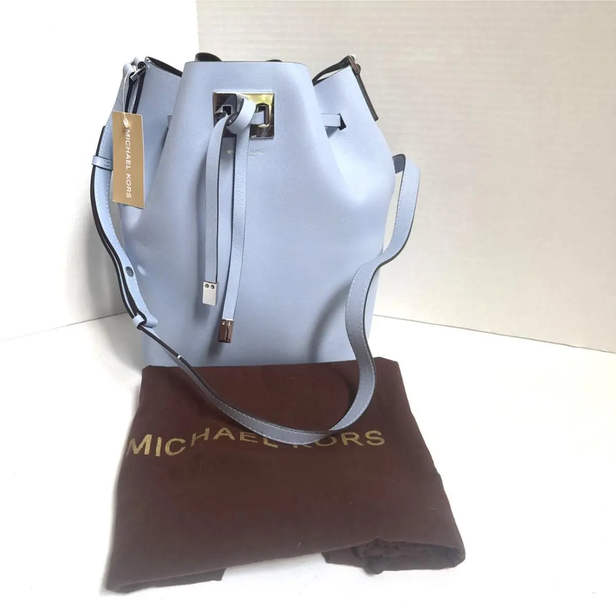 Michael Kors Miranda Large Drawstring Messenger Bag Sky Blue Leather B3A