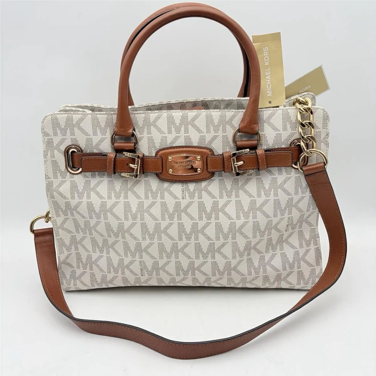 Michael Kors Hamilton Vanilla Large Belted Satchel Shoulder Bag