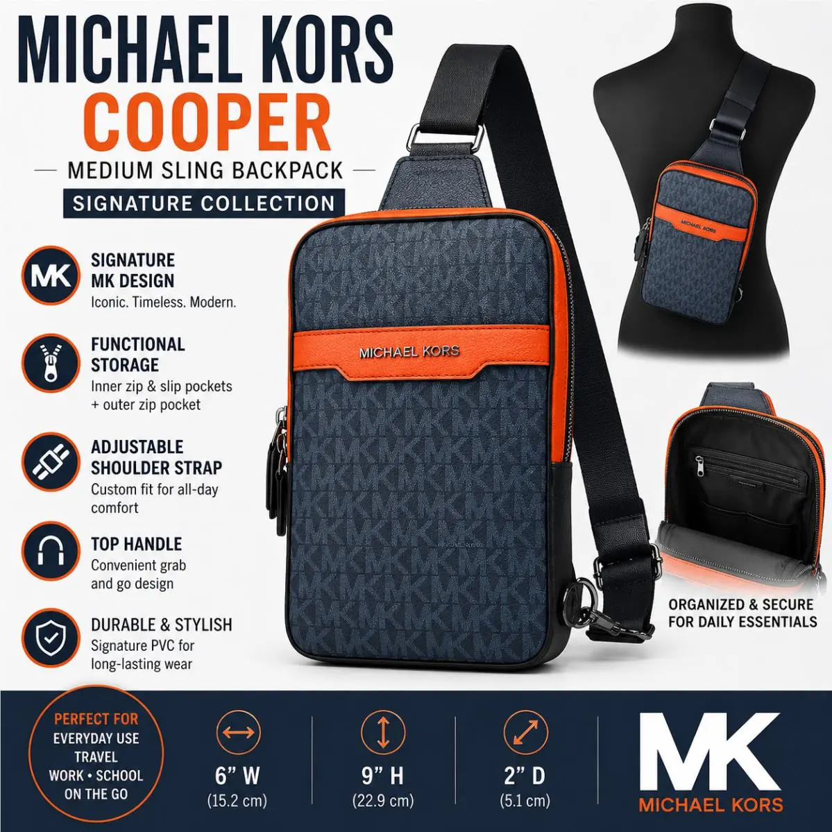 Michael Kors Cooper Signature Sling Backpack - Exterior: Navy