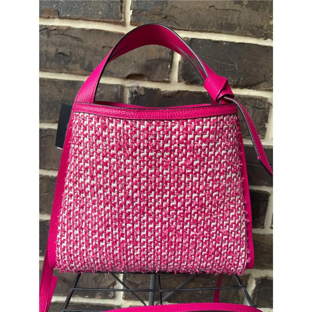 NWT$398 Kate Spade Leather Raffia Med Knott Satchel C/b Wild Raspberry Pink Mult