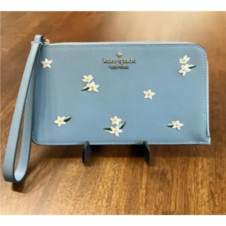 Kate Spade Medium L-zip Lucy Wristlet Clutch - Polished Blue Embroidered KD903
