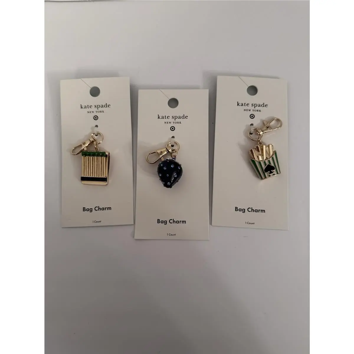 3 Kate Spade Nyxtarget Blue Fries Matchbook Strawberry Bag Charm Keychains