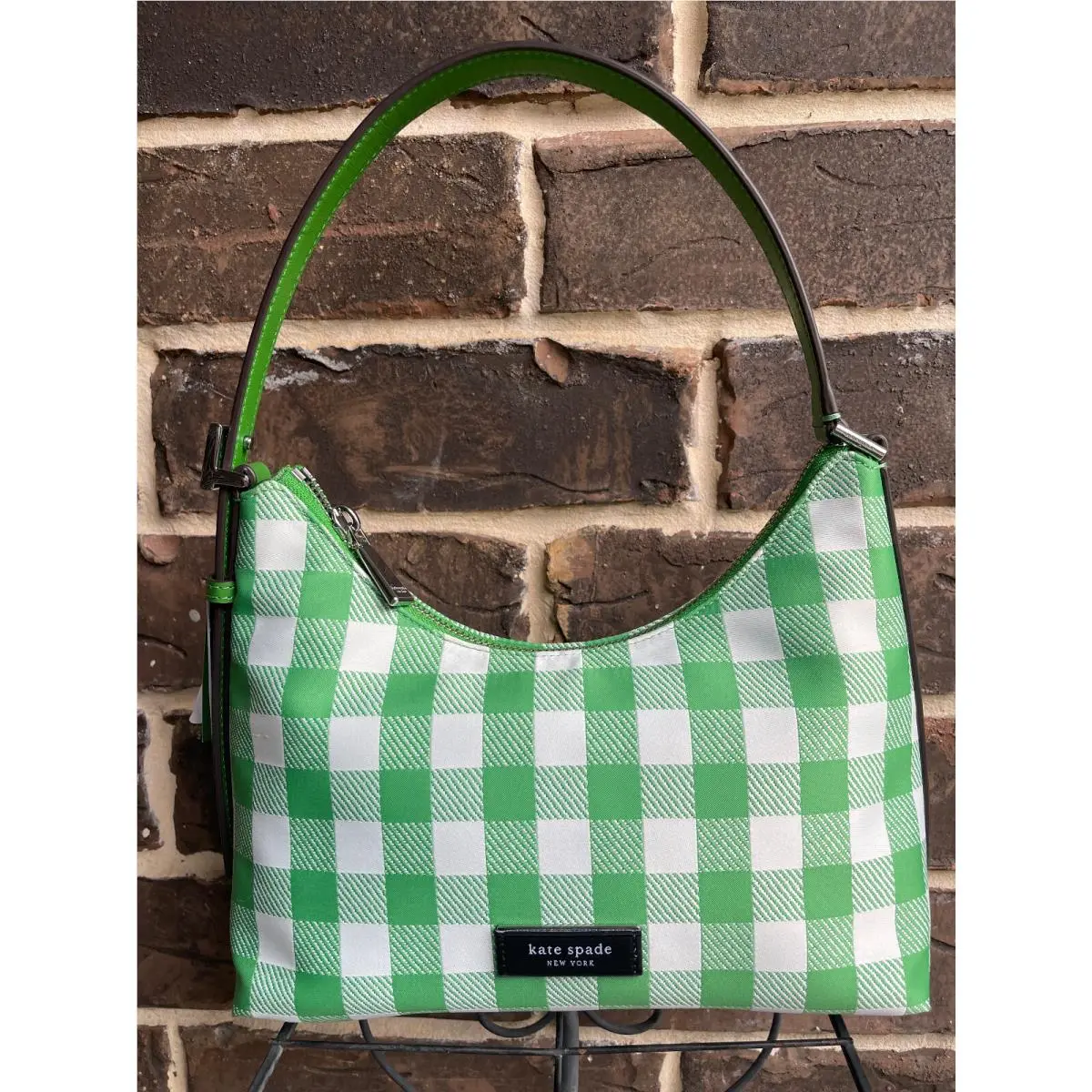 Kate Spade Sam Icon Small Nylon Shoulder Bag Gingham Printed Candy Green