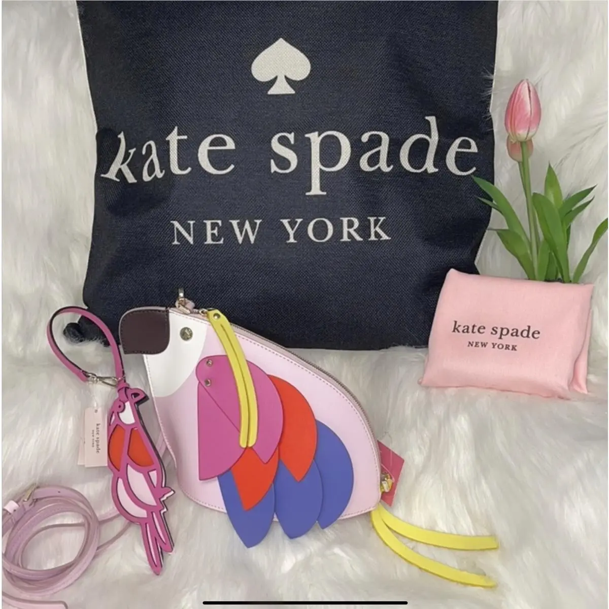 Kate Spade Flock Party Parrot Crossbody Bag with Matching Key Chain Key Fob Set