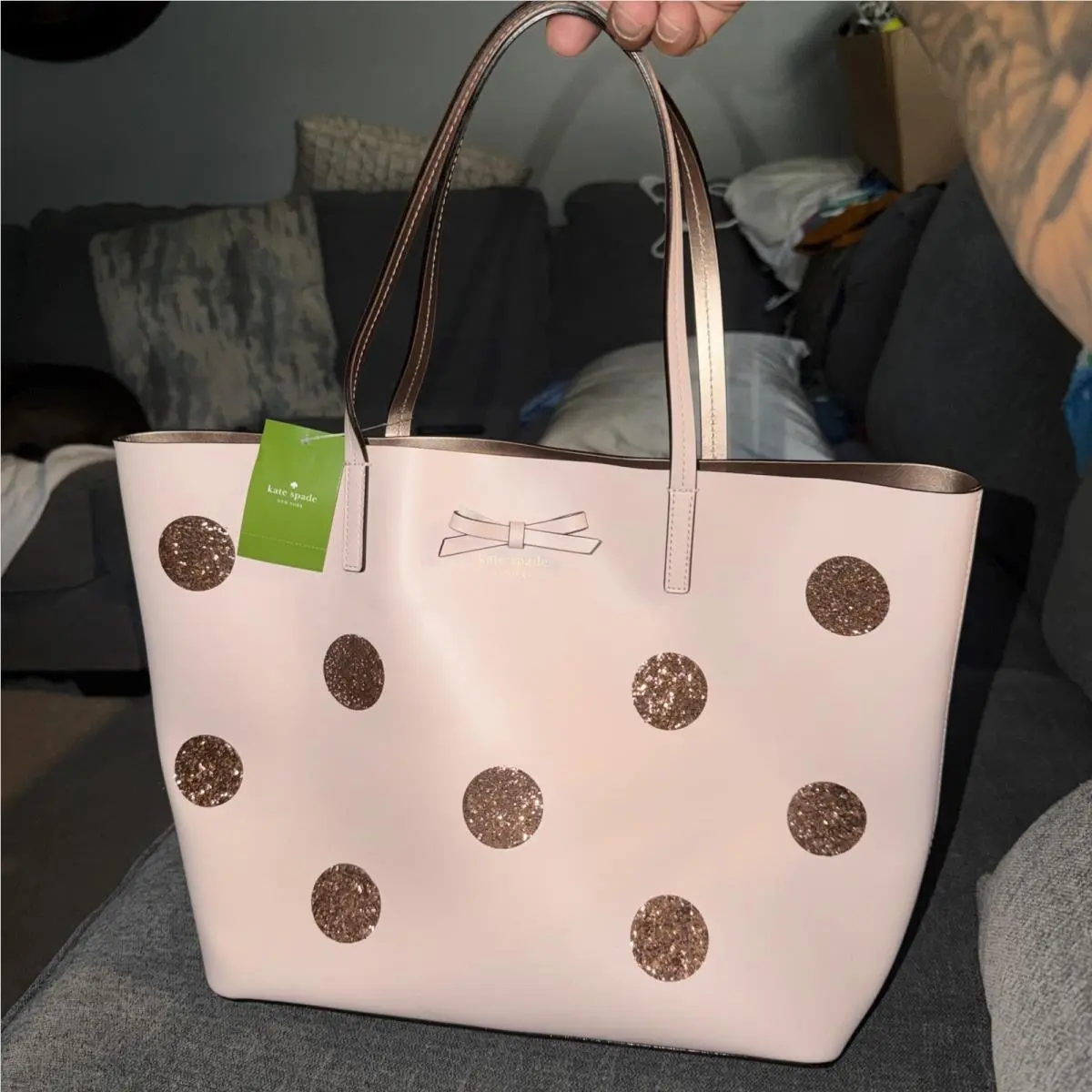 Kate Spade Dewey Street Little Len Glitter Polka Dot Tote Rare Ballet Pink New