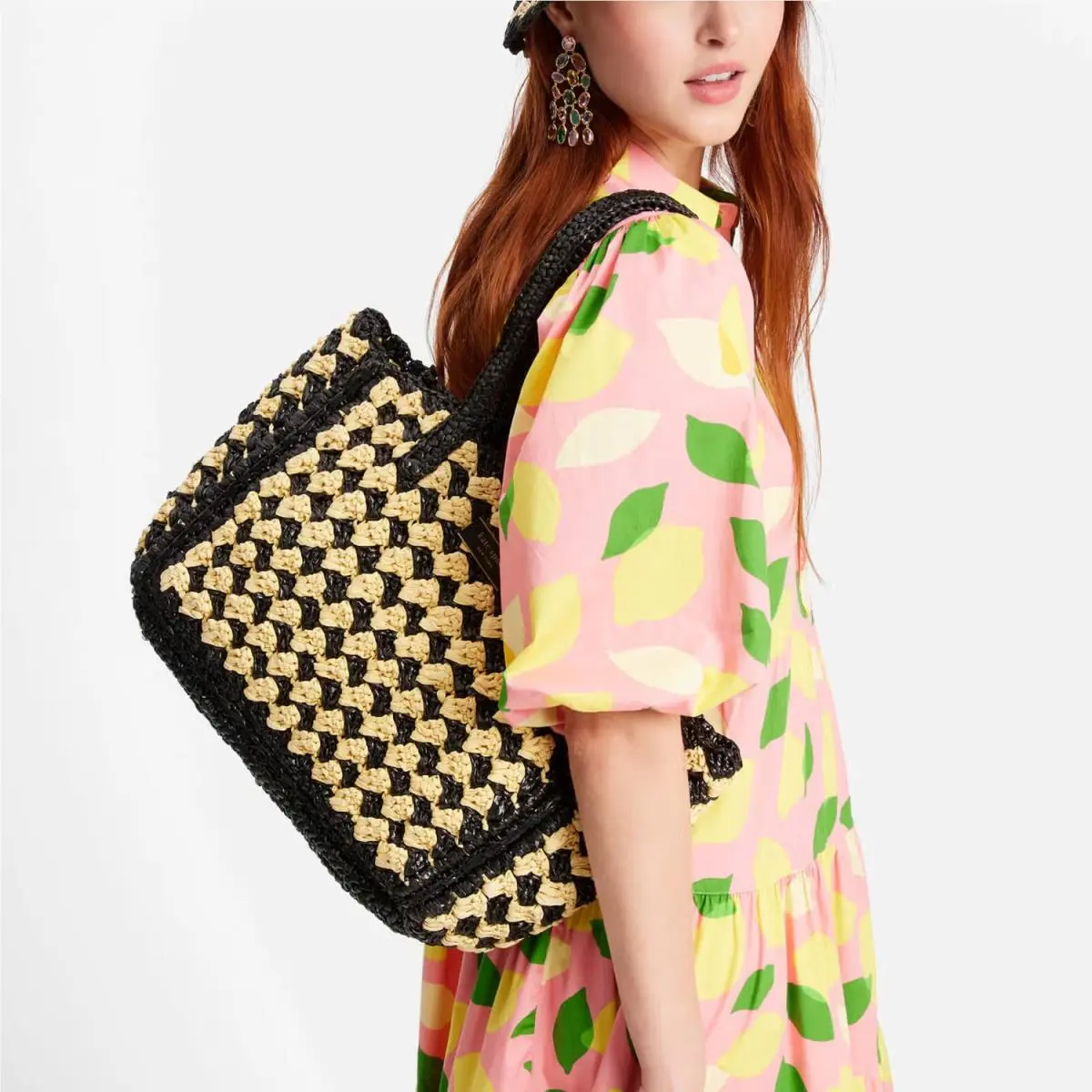 N Y High Tide Striped Shoulder Bag Crochet Raffia Black Natural by Kate Spade