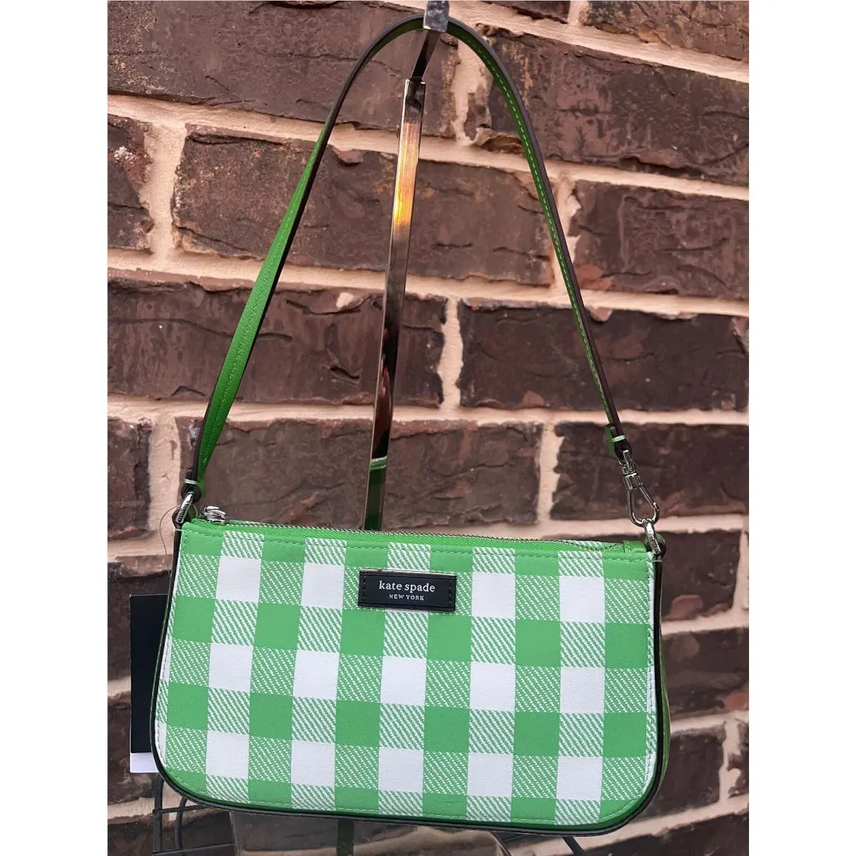 Kate Spade NY Gingham Printed Fabric Small Shoulder Bag Candy Green