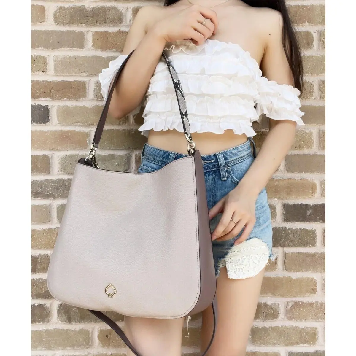 Kate Spade Kailee Mixed Material Medium Double Compartment Shoulder Bag Neutral
