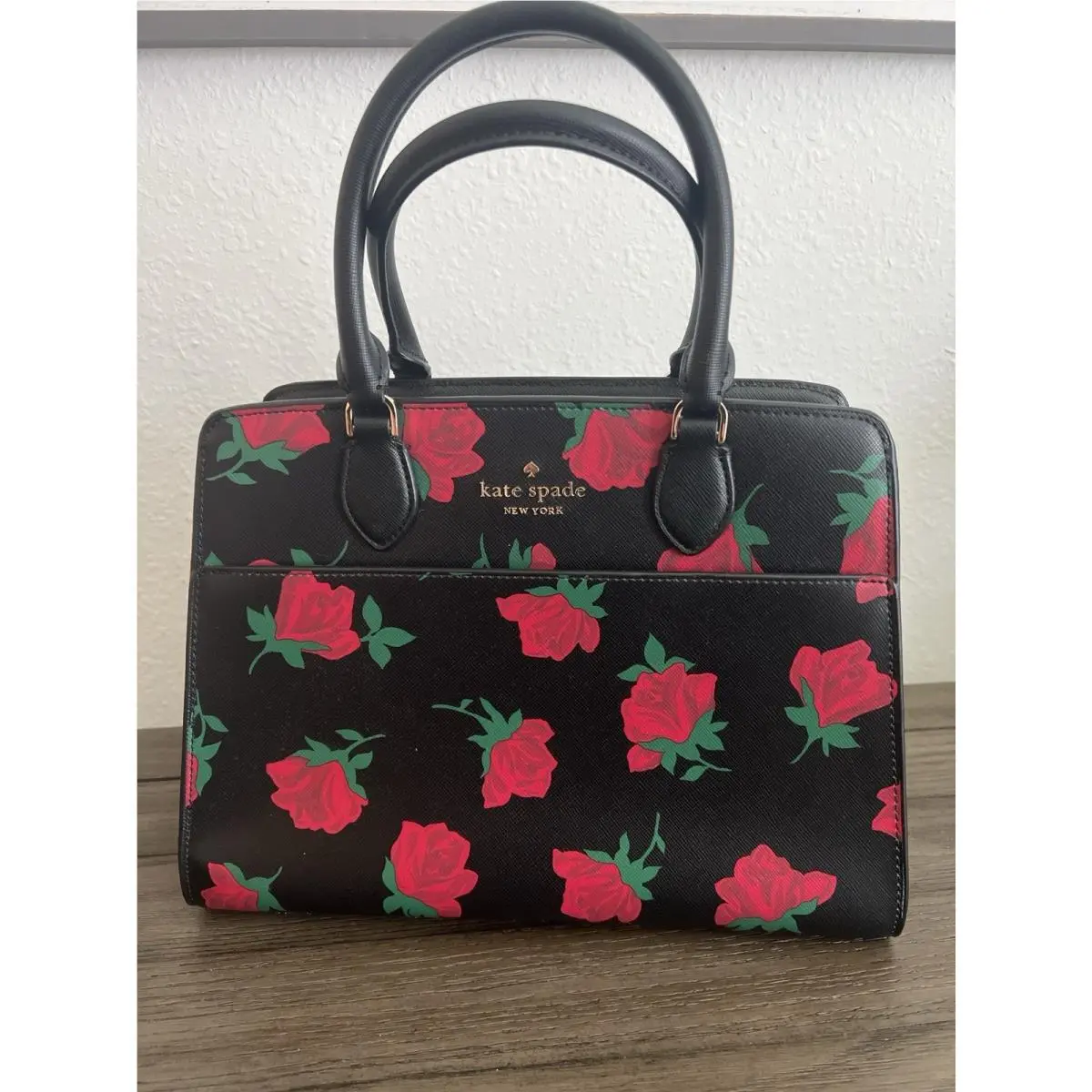Kate Spade Madison Rose Printed Medium Satchel Black Floral Crossbody KE536