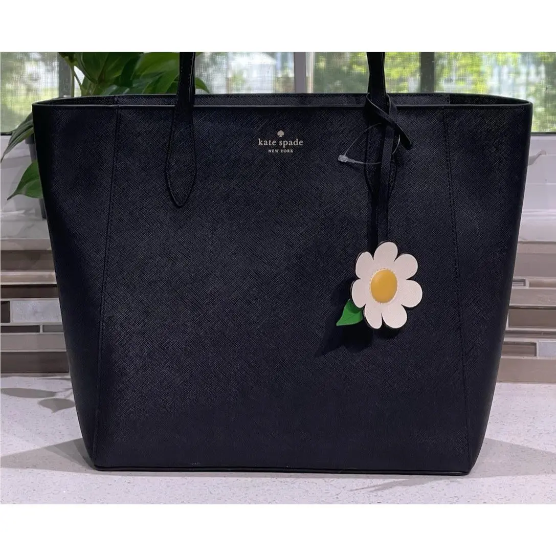 Kate Spade Dana Shoulder Tote Zip Bag Purse Carryall Black Daisy Flower Gold