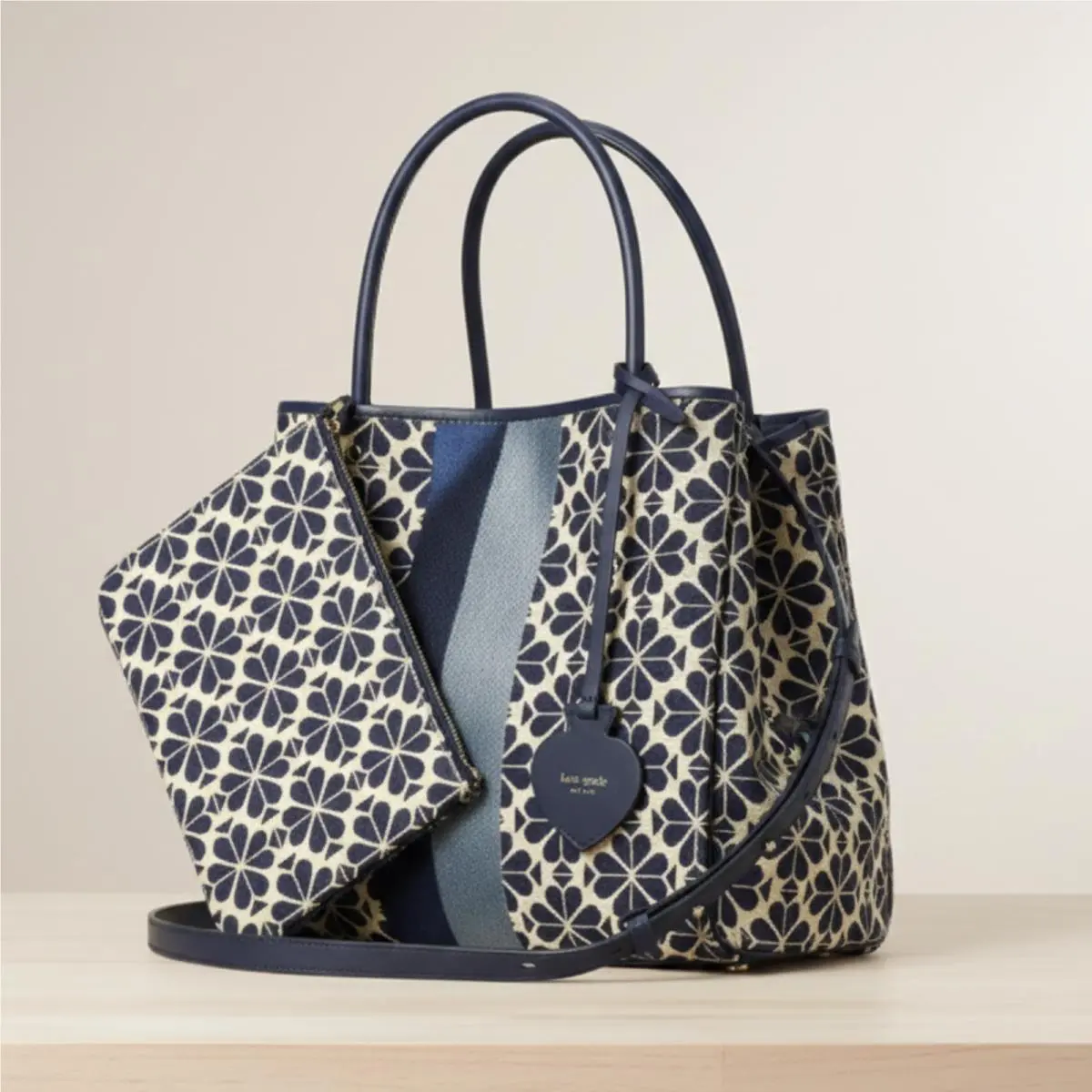 Kate Spade Everything Large Tote Blue Floral Stripe Jacquard w Wristlet
