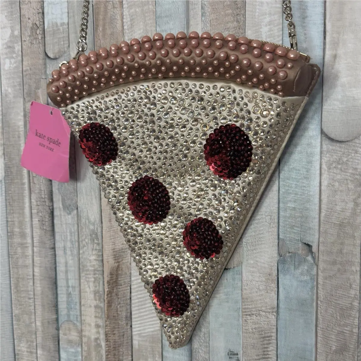 New Kate Spade Slice Pizza Crossbody 3D Purse Bag Beaded Sequined Novelty Clutch