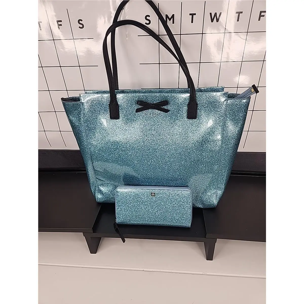 Kate Spade Bundle Mavis Street Taden Tote Matching Neda Wallet Blue Glitter EC