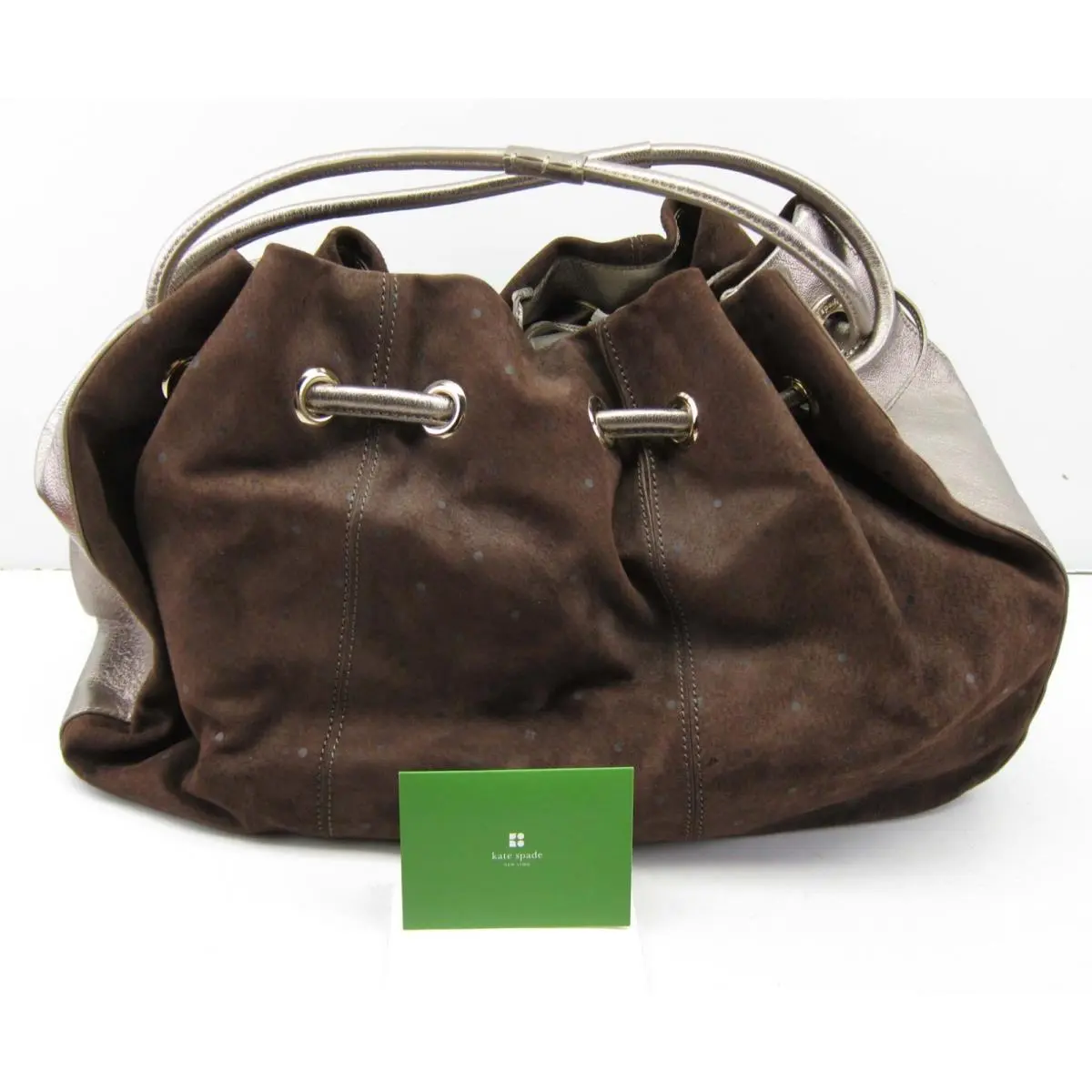 New Kate Spade New York Brown Suede Drawstring Handle Bucket Bag Silver Sides