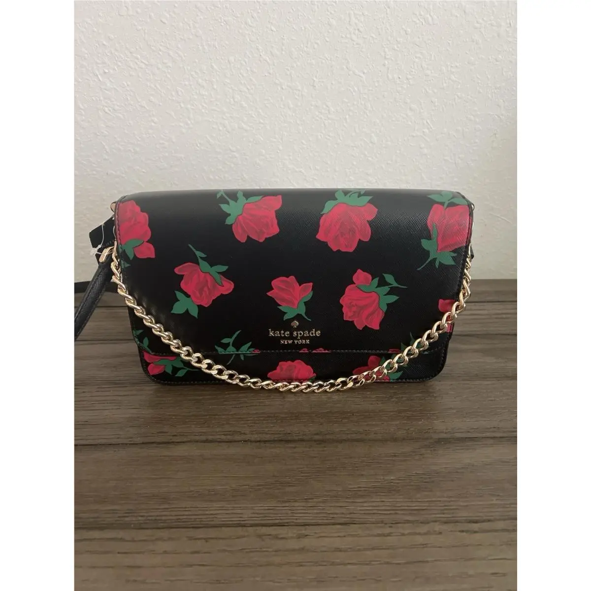 Kate Spade New York KE534 Rose Toss Print Flap Crossbody Bag Black Floral