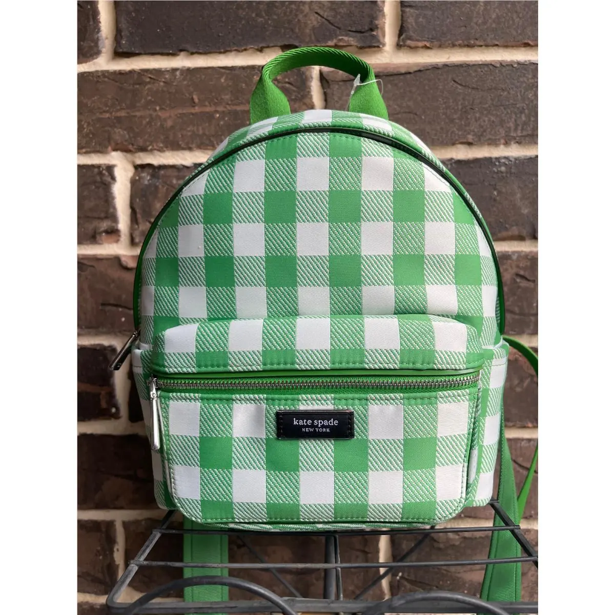 Kate Spade Sam Icon Gingham Printed Fabric Small Backpack Candy Green