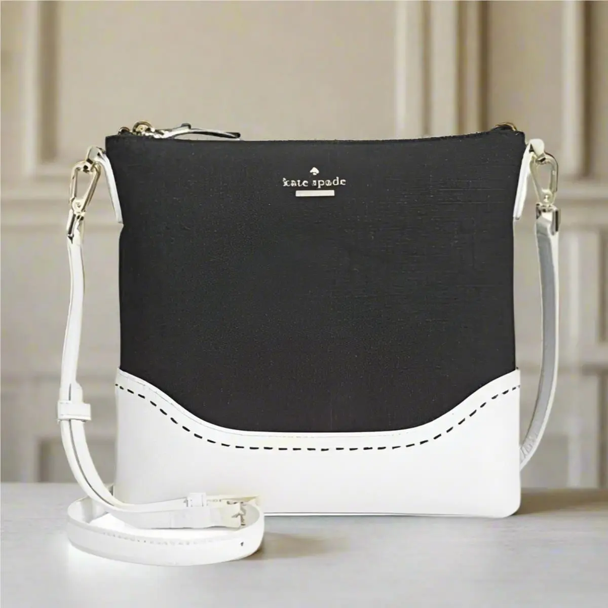 Kate Spade Jemma Flight Bag Crossbody Black White Leather Canvas Slim
