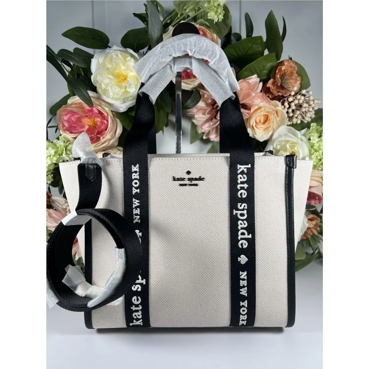 Kate Spade Small Canvas Kip Tote W/crossbody Strap-black/cream