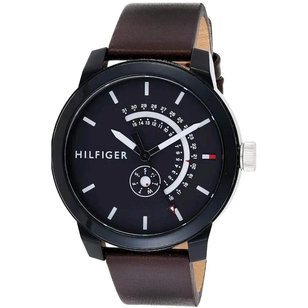 Men`s Watch Gray Dial Brown Leather Band 44mm Day Date 1791478 by Tommy Hilfiger