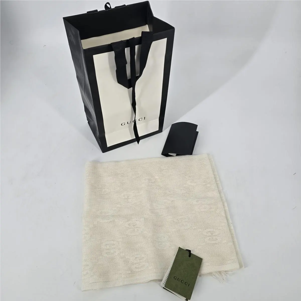 Gucci Shaby Scarf Cream GG Logo Sheer with Fringe 30x220cm with Bag