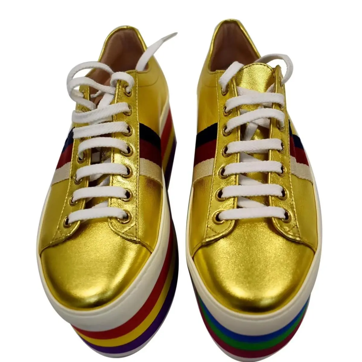 Gucci Gold Metallic Peggy Rainbow Platform Sneakers Nappa Silk Sz 39