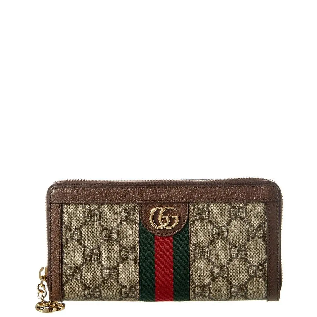 Gucci Ophidia Gg Supreme Canvas Leather Zip Around Wallet Women`s Brown