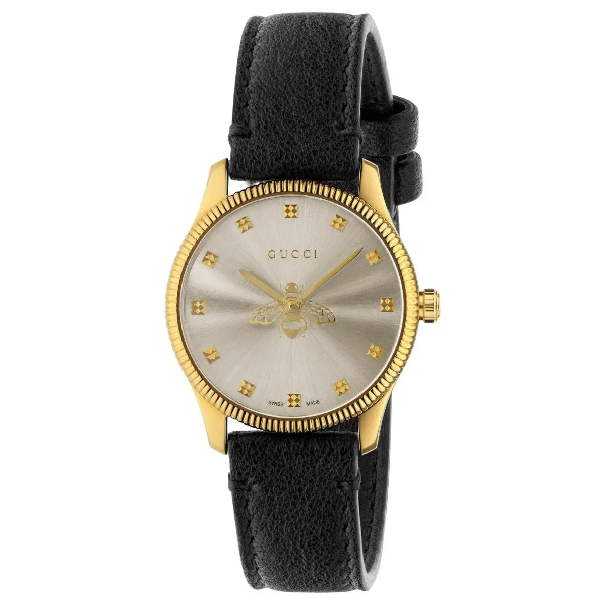 Gucci G-timeless Yellow Gold Pvd Silver Dial Black Leather Women Watch YA1265023