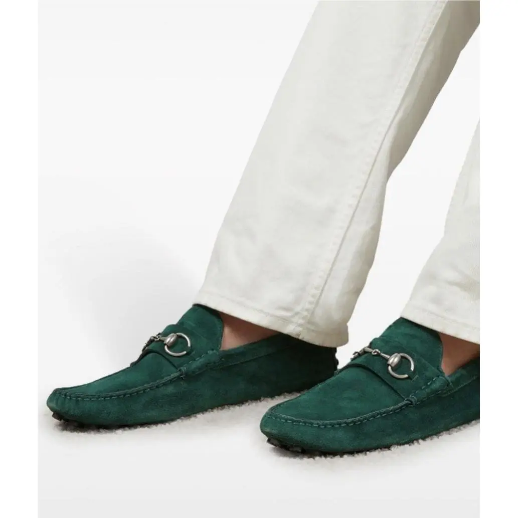 Gucci Men’s Green Suede Loafers Moccasin GG Horsebit Size US 8 - Green