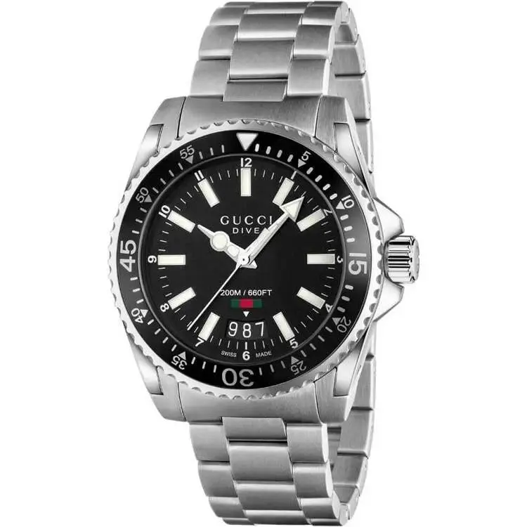 Dive YA136301 40 mm Stainless Steel Black Dial and Bezel Quartz Watch by Gucci
