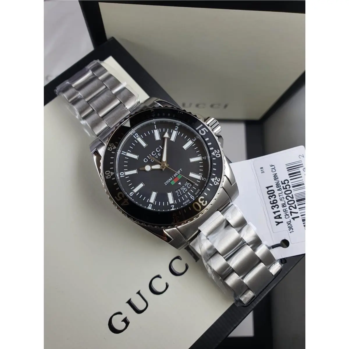 Gucci Dive Black Dial Stainless Steel Quartz Men`s Watch YA136301 Swiss Made - Dial: Black, Band: Silver, Bezel: Black