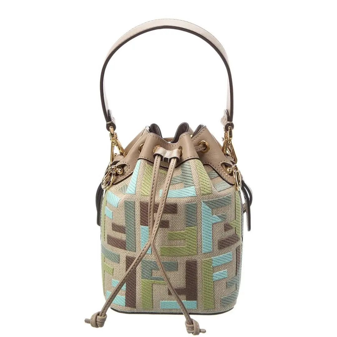 Fendi Mon Tresor Mini Ff Embroidered Canvas Leather Bucket Bag Women`s Beige