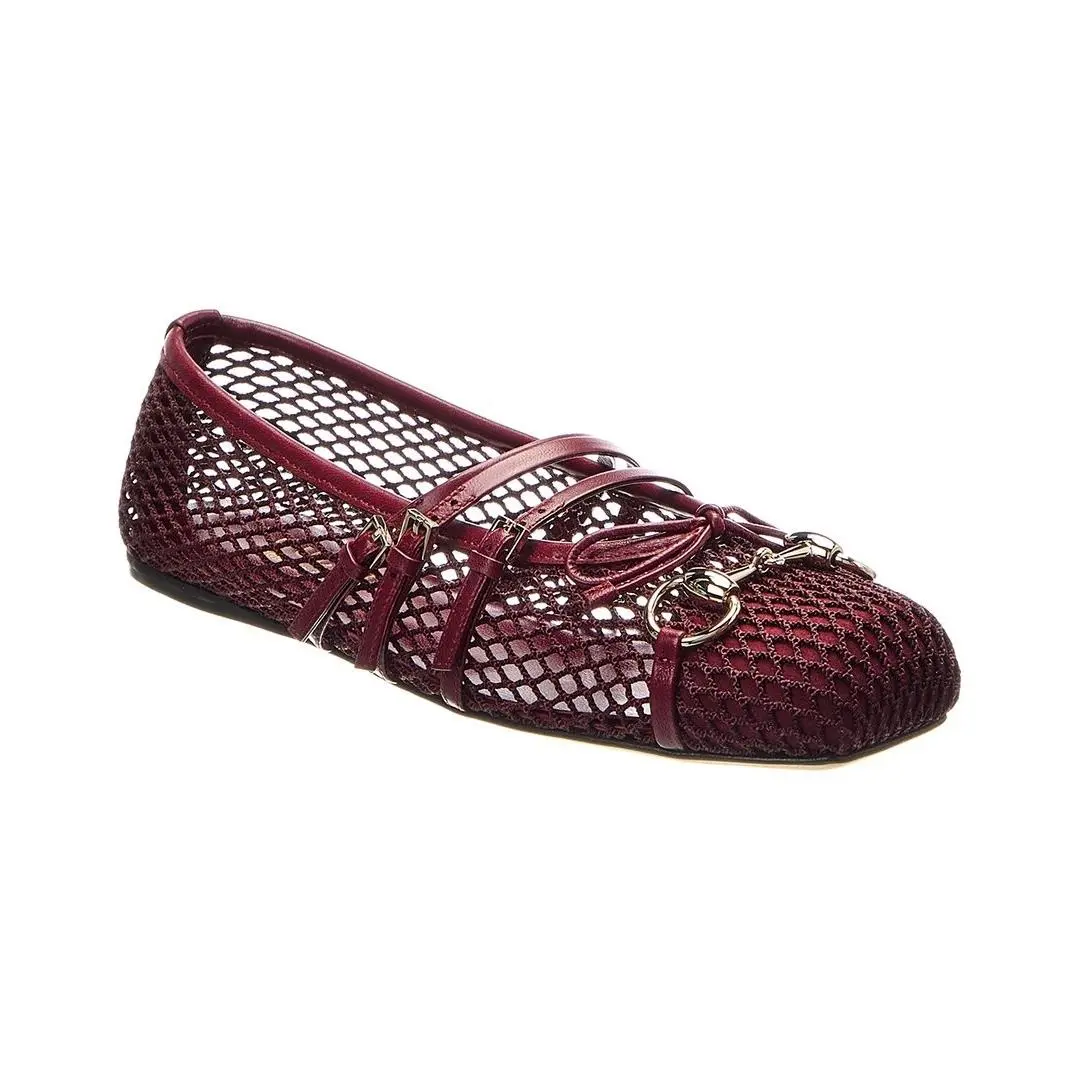 Horsebit Mesh Leather Ballet Flat Women`s Red 36 by Gucci
