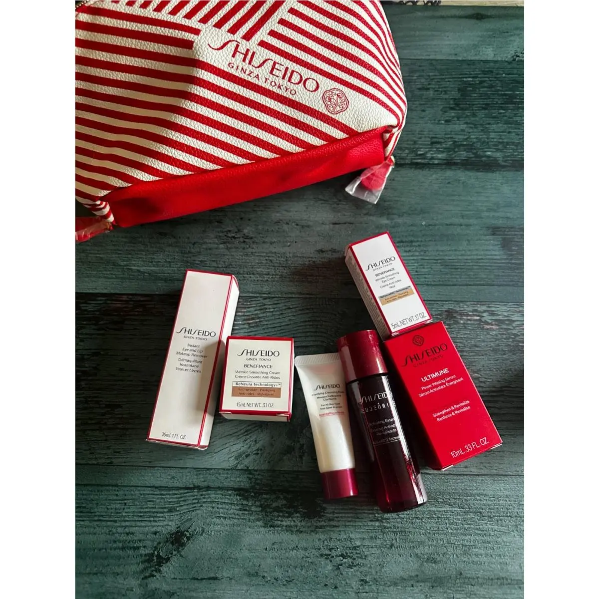 Shiseido Ginza Tokyo Makeup Bag White Red with Stripes Organizer Zipper Set